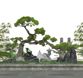 中式造型松 、黑松 、罗汉松 、竹子、枯山水景观、雪浪石、假山水景、盆景、禅意小景、景观树